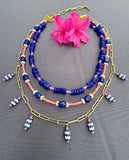 D124 - Cobalt & Coral Pre-Layered Beaded Statement Necklace