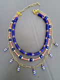 D124 - Cobalt & Coral Pre-Layered Beaded Statement Necklace
