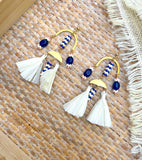 D117 - Large Royal Blue & Coral Beaded Chandelier Earrings