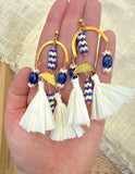 D117 - Large Royal Blue & Coral Beaded Chandelier Earrings