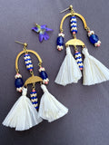 D117 - Large Royal Blue & Coral Beaded Chandelier Earrings