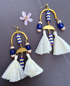 D117 - Large Royal Blue & Coral Beaded Chandelier Earrings