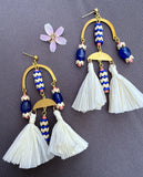 D117 - Large Royal Blue & Coral Beaded Chandelier Earrings