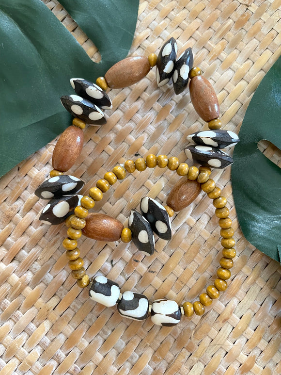 African Bone Bead & Wood Bracelet Set