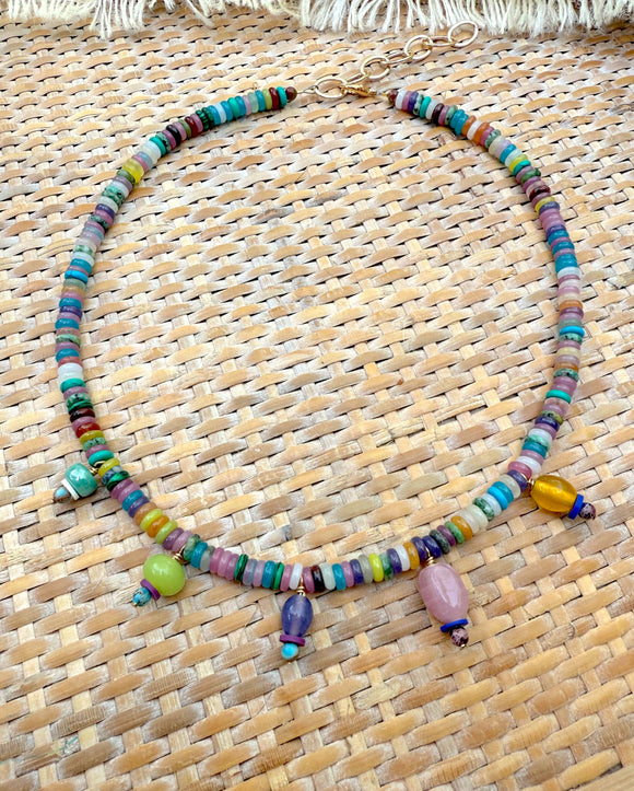 D119 - Rainbow Gemstone Beaded Charm Necklace