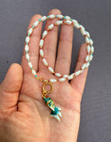 D147 - Cloisonne Fish & Japanese Rice Pearl Necklace