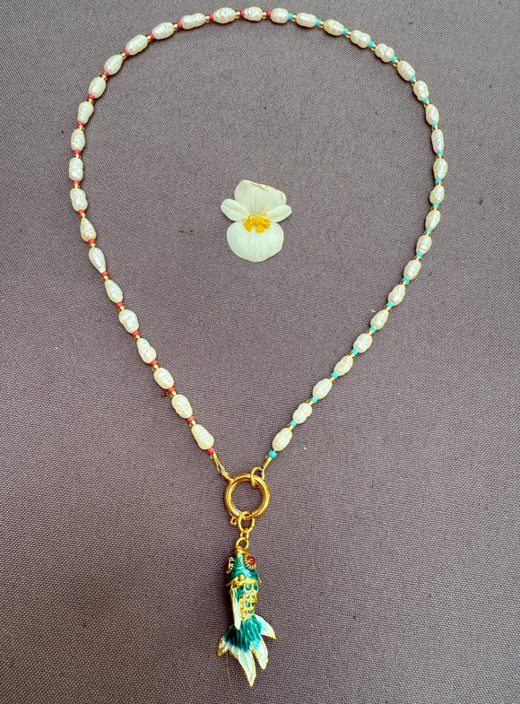 D147 - Cloisonne Fish & Japanese Rice Pearl Necklace