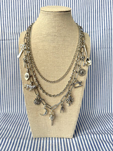D106 - Antiqued Silver Multi-Strand Charm Necklace