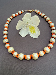 D143- Orange Striped Pearl Necklace