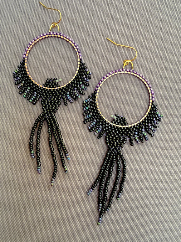 Hand-Beaded Seed Bead Raven Earrings