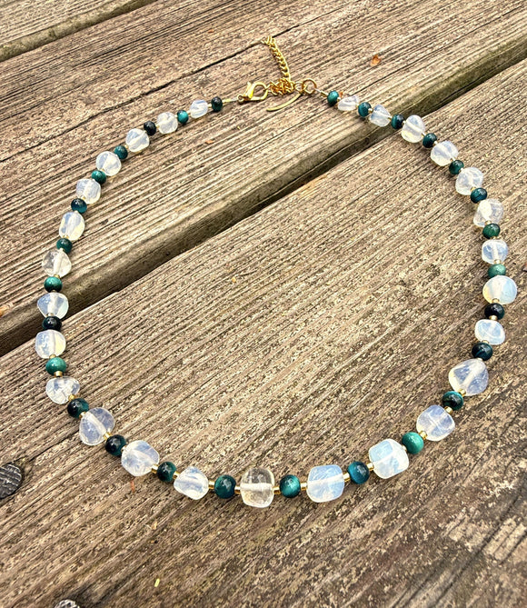 D120 - Sea Opal & Blue Tiger's Eye Gemstone Necklace
