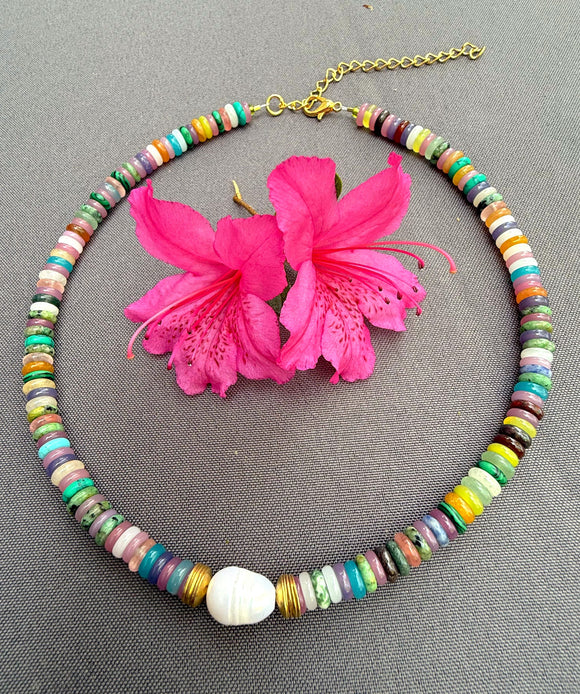 The Aisha Necklace - Multicolor Beaded Gemstone Choker with Freshwater Pearl