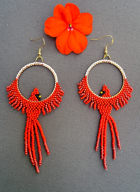 Hand-Beaded Seed Bead Cardinal Earrings