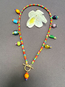 D145 - Multicolor Gemstone Charm Necklace with Front Toggle