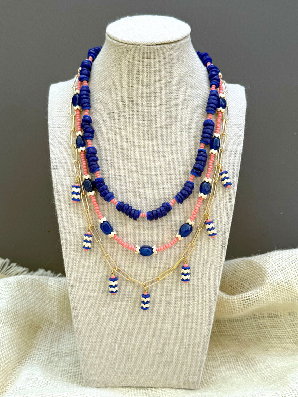 D124 - Cobalt & Coral Pre-Layered Beaded Statement Necklace