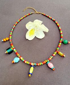 D144 - Multicolor Gemstone Beaded Charm Necklace