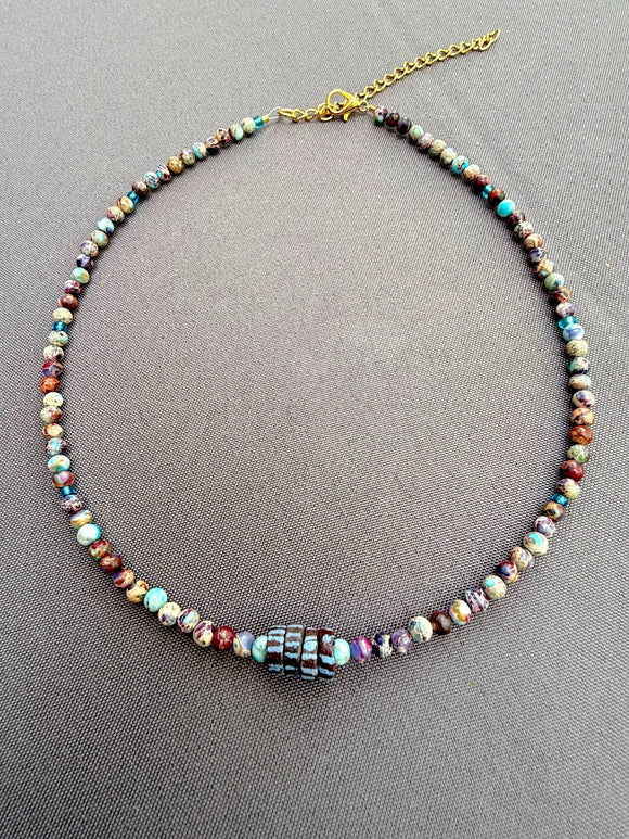 D122 - Galaxy Sea Sediment Jasper & Awalleh Krobo Bead Necklace