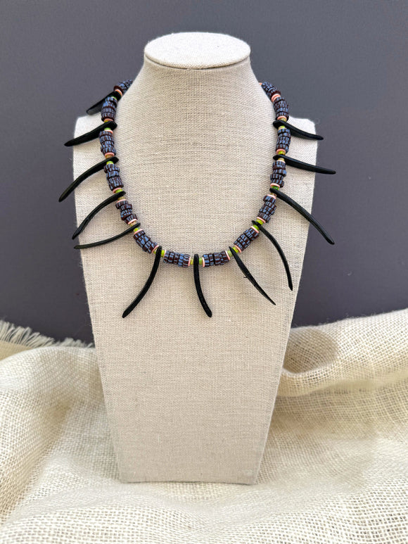 D125 - Coconut Shell Spike Necklace with Striped Awalleh Beads